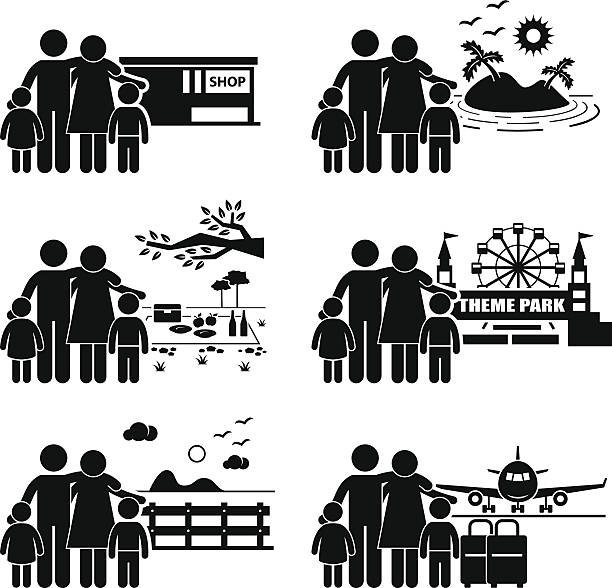 Family Vacation Trip Holiday Recreational Activities A set of human pictogram representing a family on a vacation at different places such as shopping mall, island, picnic, theme park, garden park, and airport. field trip clip art stock illustrations