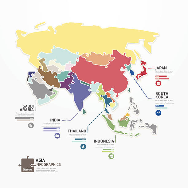 아시아 인포그래픽 맵 형판 지그소 컨셉입니다 배너입니다. - asia jigsaw puzzle map cartography stock illustrations