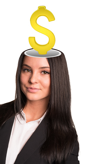 Smiling businesslady with dollar sign in her head looking at camera on isolated white background
