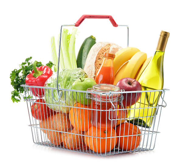 istock Wire shopping basket with groceries isolated on white 480392359