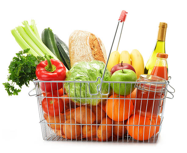 istock Wire shopping basket with groceries isolated on white 480392361