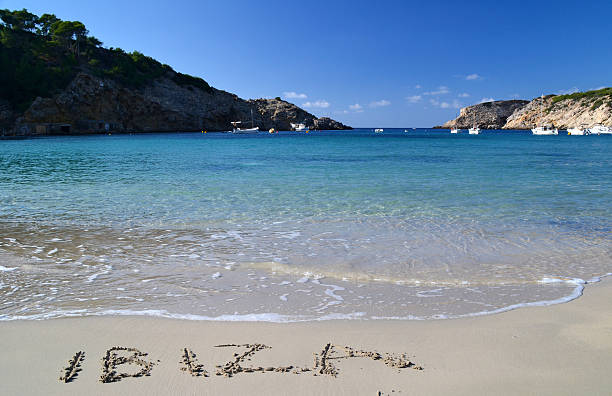 The word Ibiza written on sand in Cala Vadella beach in Ibiza, Spain