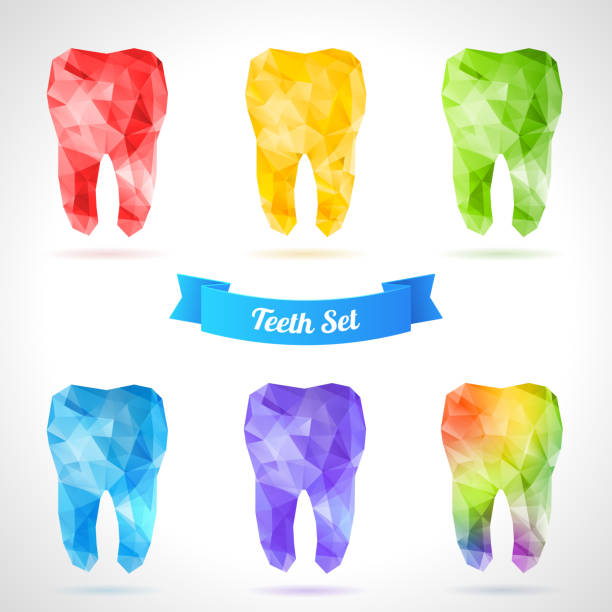 Polygonal vector set of teeth. Rainbow tooth. Abstract vector illustration. Dental background in origami style. Vector background. Low-poly colorful style. Dental objects. dental gold crown stock illustrations