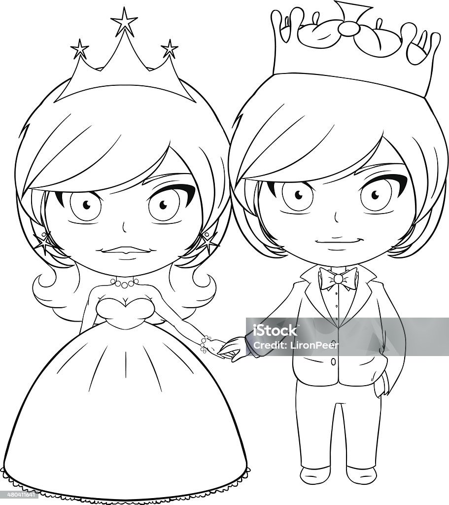 Prince and Princess Coloring Page 3 Vector illustration coloring page of a prince and princess holding hands and smiling.. Adult stock vector