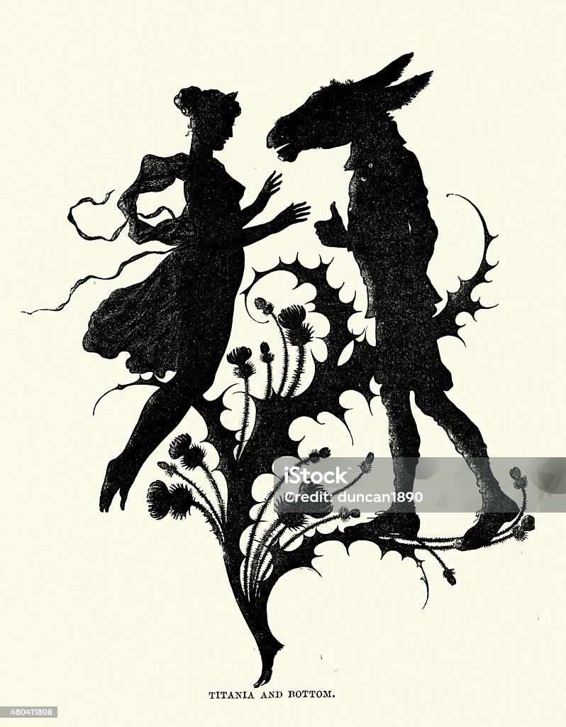 Midsummer Night's Dream - Silhouette of Titania and Bottom Vintage engraving from A Midsummer Night's Dream, Silhouette of Titania and Bottom. 1869 William Shakespeare stock illustration