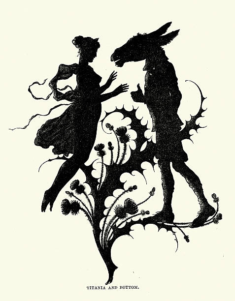 Midsummer Night's Dream - Silhouette of Titania and Bottom Vintage engraving from A Midsummer Night's Dream, Silhouette of Titania and Bottom. 1869 william shakespeare stock illustrations