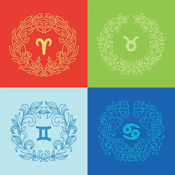 Vector illustration of Set of four zodiac signs in outlined wreathes