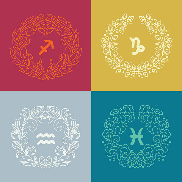 Set of four zodiac signs in outlined wreathes Set of four zodiac signs in outlined wreathes. Fire, Earth, Water, Air elements. Sagittarius (The Archer), Capricorn (The Sea-Goat), Aquarius (The Water-Bearer), Pisces (The Fish). Vector illustration earth air fire water signs stock illustrations