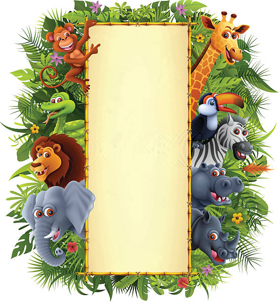 dschungel tiere und bambus-schild - tropical rainforest animal cartoon lion stock-grafiken, -clipart, -cartoons und -symbole
