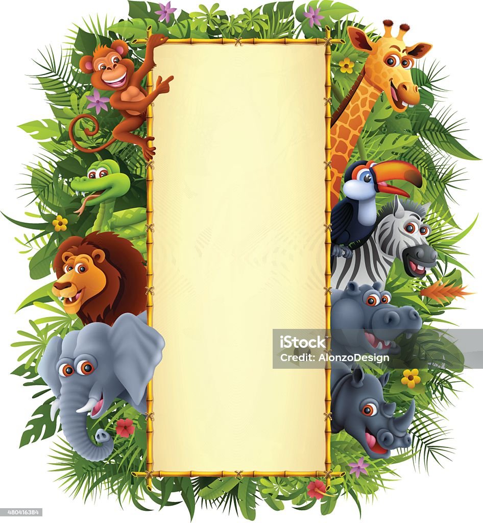 Jungle Animals and Bamboo Sign High Resolution JPG,CS6 AI and Illustrator EPS 10 included. Each element is named,grouped and layered separately. Very easy to edit. Animal stock vector