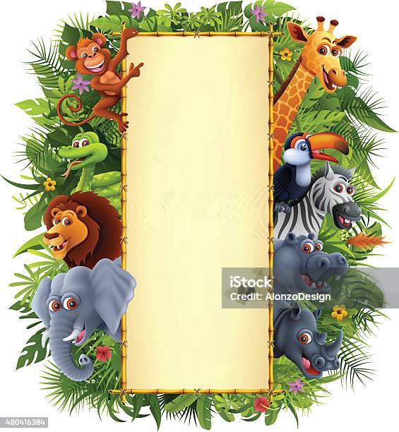 Jungle Animals And Bamboo Sign Stock Illustration - Download Image Now - Animal, Rainforest, Zoo