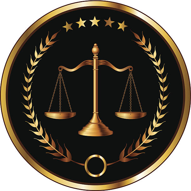 Law or Layer Seal Illustration of a design for law, lawyers, or law firms that could be used as a logo or seal in striking reflective gold and black. Includes scale of justice, laurel and gold stars. republic logo pic stock illustrations