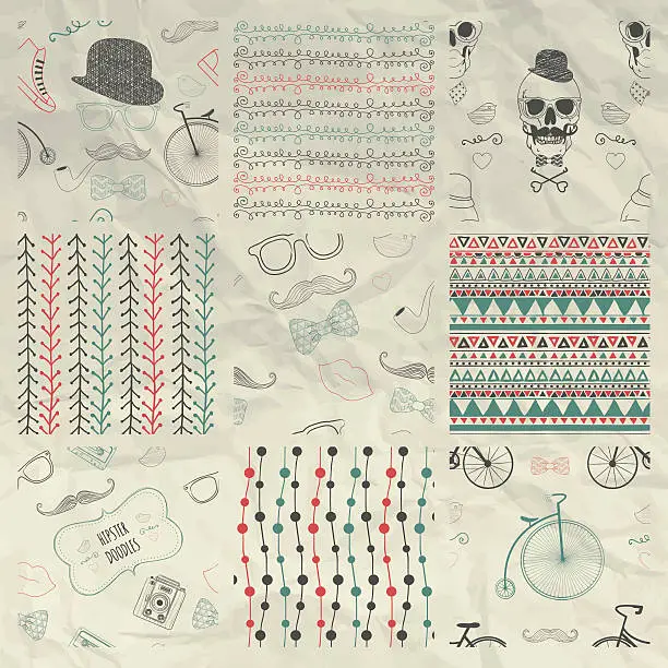 Vector illustration of Pen Drawing Seamless Patterns on Crumpled Paper Texture