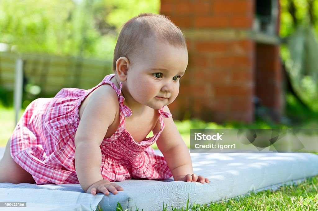little girl learning to crawl little girl learning to crawl in the garden 2015 Stock Photo