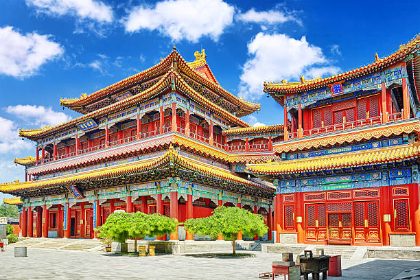 Beautiful View of Yonghegong Lama Temple.Beijing. Yonghegong Lama Temple.The Hall of Harmony and Peace.Lama Temple is one of the largest and most important Tibetan Buddhist monasteries in the world. lama religious occupation stock pictures, royalty-free photos & images