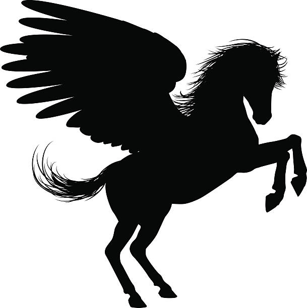 ilustraciones, imágenes clip art, dibujos animados e iconos de stock de las patas traseras con pegasus silueta - pegasus horse symbol mythology