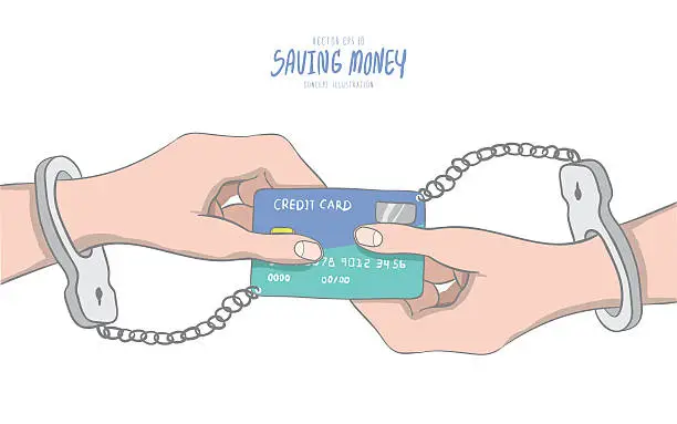 Vector illustration of Hands handcuffed tethered to credit card shaped like infinity symbols.