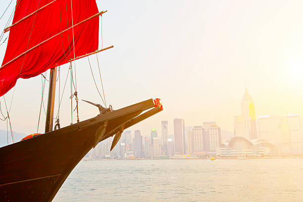 Junk boat sunset in Hong Kong