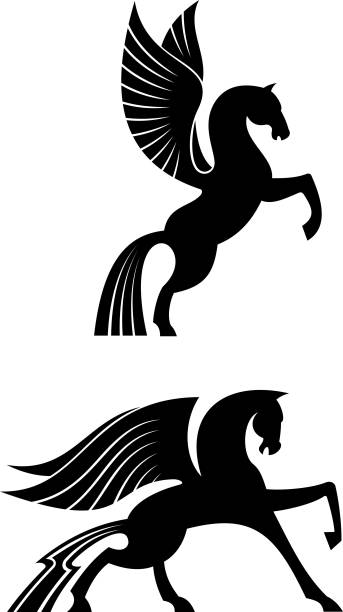 ilustraciones, imágenes clip art, dibujos animados e iconos de stock de dos caballos negros con aletas - mythology horse pegasus black and white