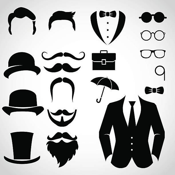 Gentleman icon set. Vector art. old man wearing a bowler hat stock illustrations