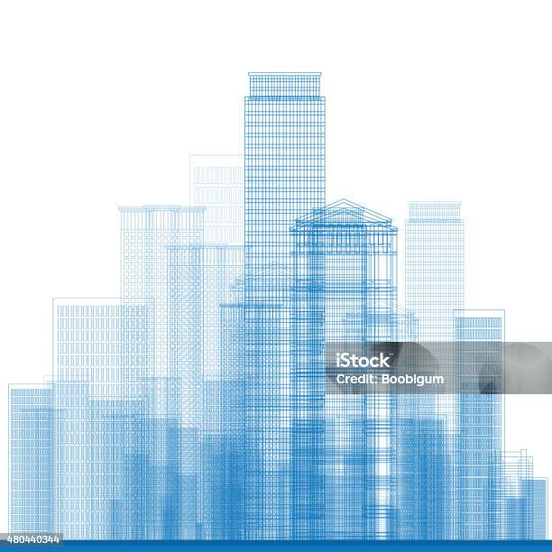 Outline City Skyscrapers In Blue Color Stock Illustration - Download Image Now - Construction Industry, Building Exterior, Blueprint
