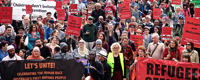 Newcastle,New South Wales,Australia-June,13,2015: people gathered for the ‘‘joyful’’ walk from Newcastle Museum to Civic Park. They were  standing up and saying not to hate and that they want to celebrate diversity in Newcastle.