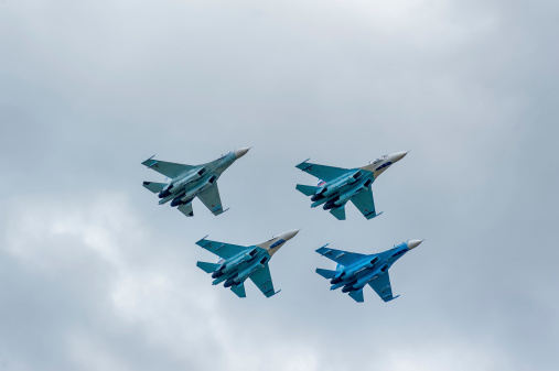 Nizhniy Tagil, Russia - September 25, 2013:  fighters SU-27 display of fighting opportunities of equipment with application of aviation means of defeat. RAE-2013 exhibition (Russia Arms Expo-2013)