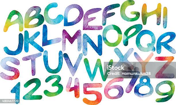 Chromatic Watercolor Letters And Numerals Stock Illustration - Download Image Now - Child, Watercolor Painting, Typescript