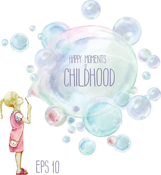 ilustraciones, imágenes clip art, dibujos animados e iconos de stock de little girl soplando burbujas de sopa - bubble child bubble wand blowing