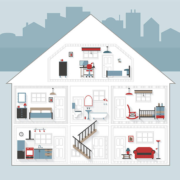 skizze cutaway wohnung haus mit möbeln in farbe - halbwände stock-grafiken, -clipart, -cartoons und -symbole