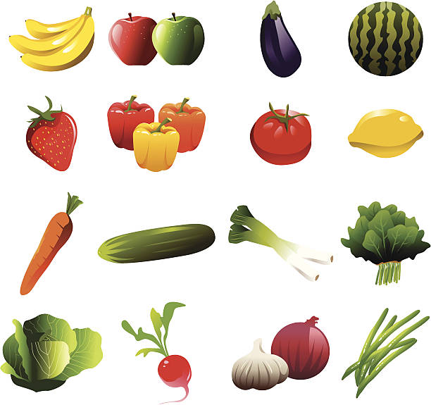 ilustraciones, imágenes clip art, dibujos animados e iconos de stock de iconos de frutas y verduras - green bean isolated food white background