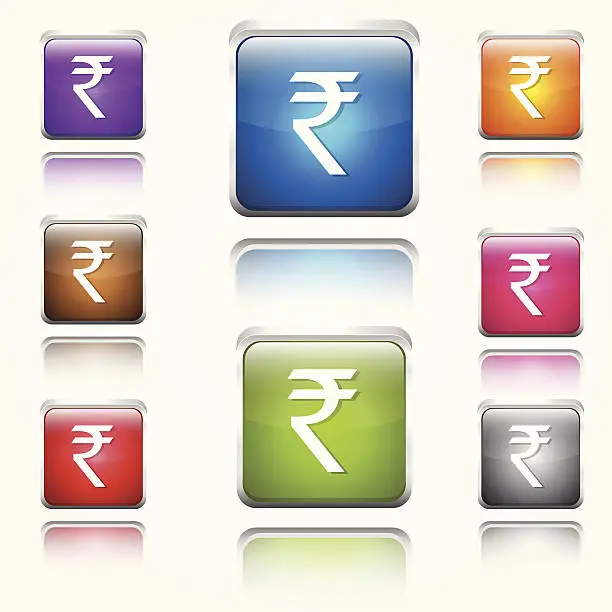 Vector illustration of Indian Rupee Round Corner Glossy Vector Web Icon Button Set