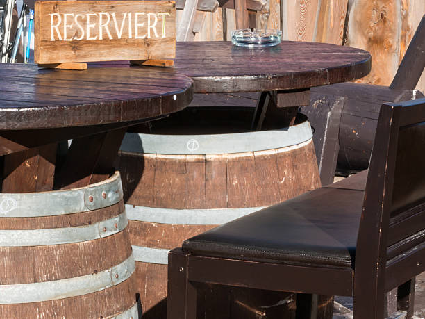 istock Reserved barrel shaped table in mountain chalet 480456488
