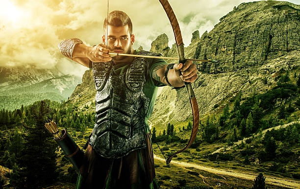 Professional target archery, hunting in the forest, close-up