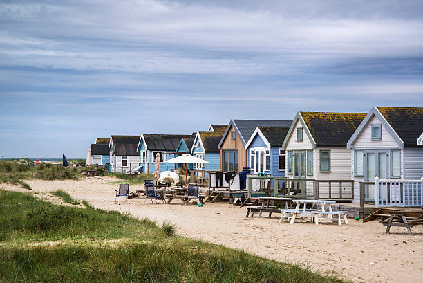 istock Lovely beach huts on sand dunes and beach landscape 480460912