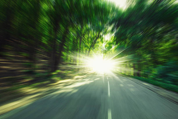 istock Speed on forest road at sunset motion blur 480462648
