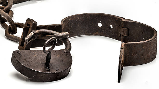 istock Rusty old shackles with padlock, key and open handcuff 480464026