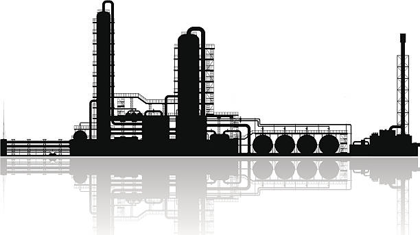 ilustraciones, imágenes clip art, dibujos animados e iconos de stock de refinería de petróleo silhouette. - architecture chemical plant diesel fuel and power generation