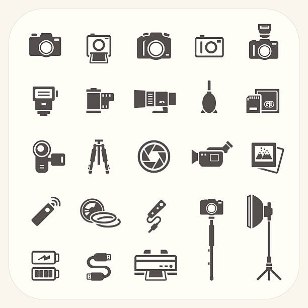 ilustraciones, imágenes clip art, dibujos animados e iconos de stock de conjunto de iconos de cámara y accesorios - cámara réflex digital de objetivo único fotos