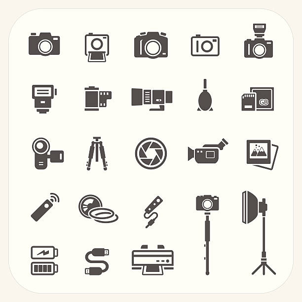 카메라 및 액세서리 아이콘 세트 - dslr camera stock illustrations