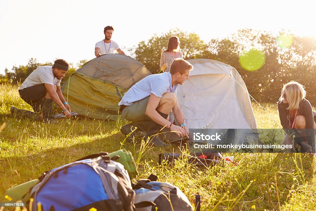 Group Of Young Friends Pitching Tents On Camping Holiday Camping Stock Photo