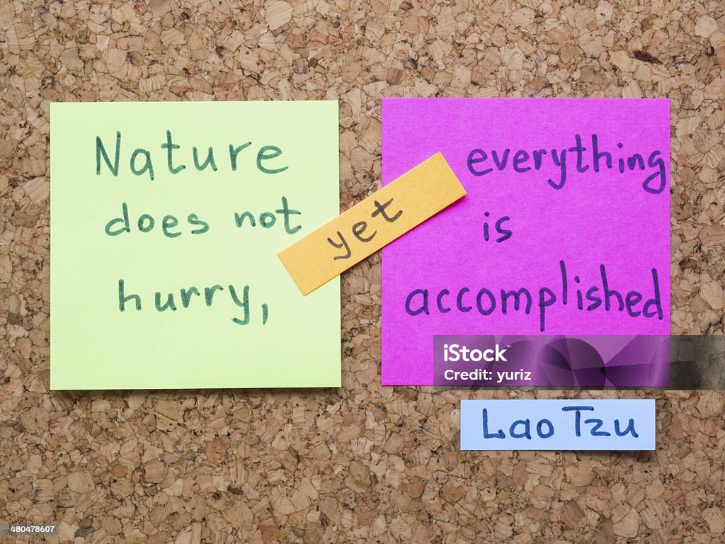 everything accomplished famous Lao Tzu quote interpretation with sticker notes on cork board Achievement Stock Photo