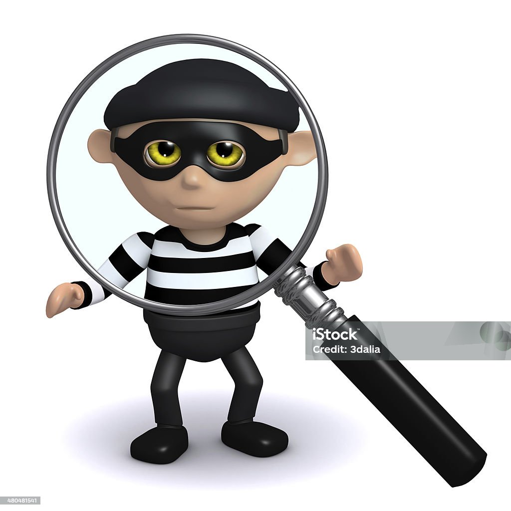 3d Burglar under the magnifying glass 3d render of a burglar under a magnifying glass Adult Stock Photo