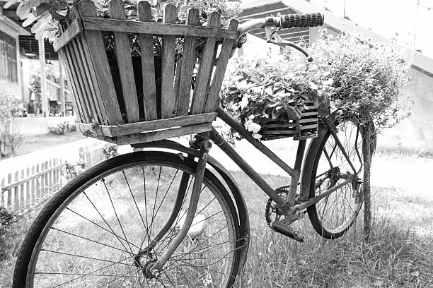 istock old rusty black bicycle with flower pot in wooden basket 480483866
