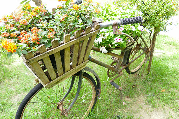 istock old rusty black bicycle with flower pot in wooden basket 480484206