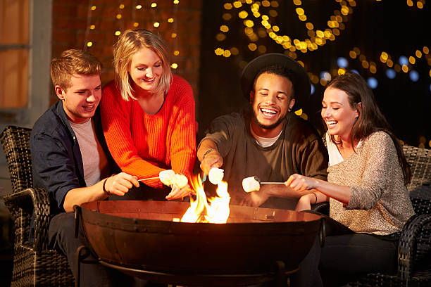 Group Of Friends Toasting Marshmallows By Firepit Group Of Friends Toasting Marshmallows By Firepit fire pit photos stock pictures, royalty-free photos & images