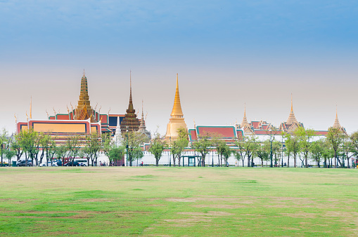 Bangkok, Thailand- April 13, 2015:Exterior of Wat Phra Kaew, Temple of the Emerald Buddha, view from Royal Plaza or Sanam Luang