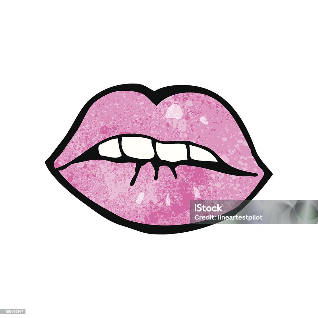 cartoon lips Retro cartoon with texture. Isolated on White. Biting Lip stock vector