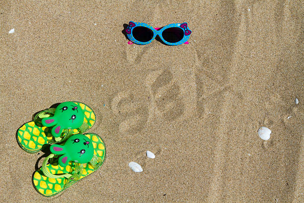 istock Children's slippers beach bunny on green sand and sunglasses 480493300
