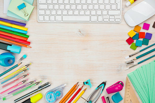 istock Various office supplies background with copy space in the middle 480496516